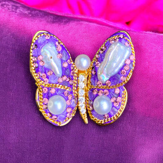 Dawn Purple Crystal Butterfly With Real Pearl Accents PS008Pin