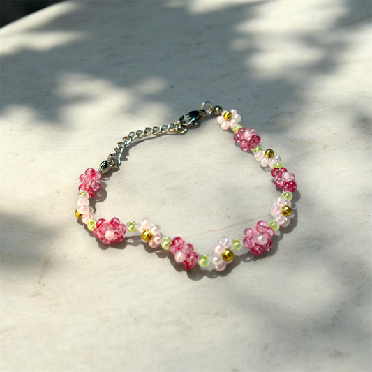 Rose Pink Silver Beaded Flower Bracelet B012