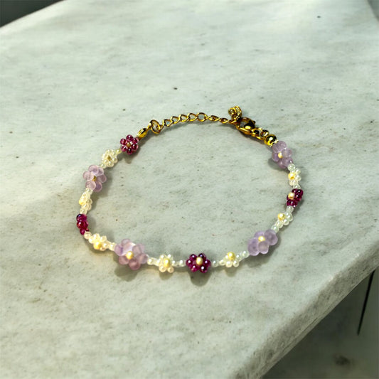 Purple Beaded Flower Bracelet B003