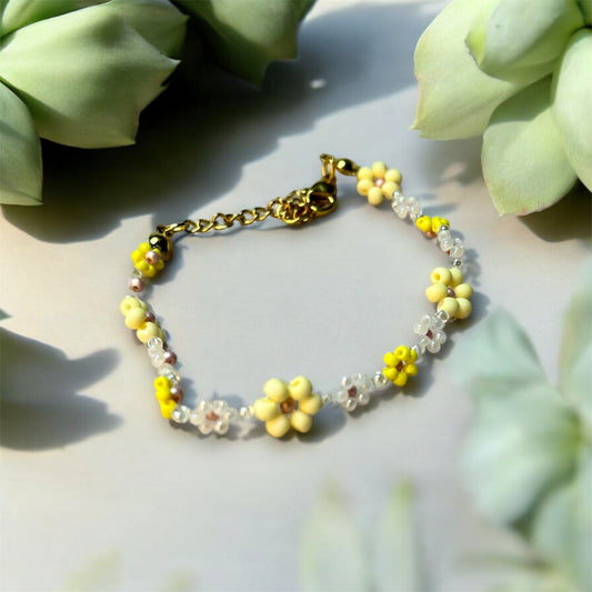 Yellow Beaded Flower Bracelet B001