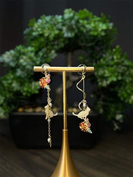 Gold Rose Cat Earrings E025